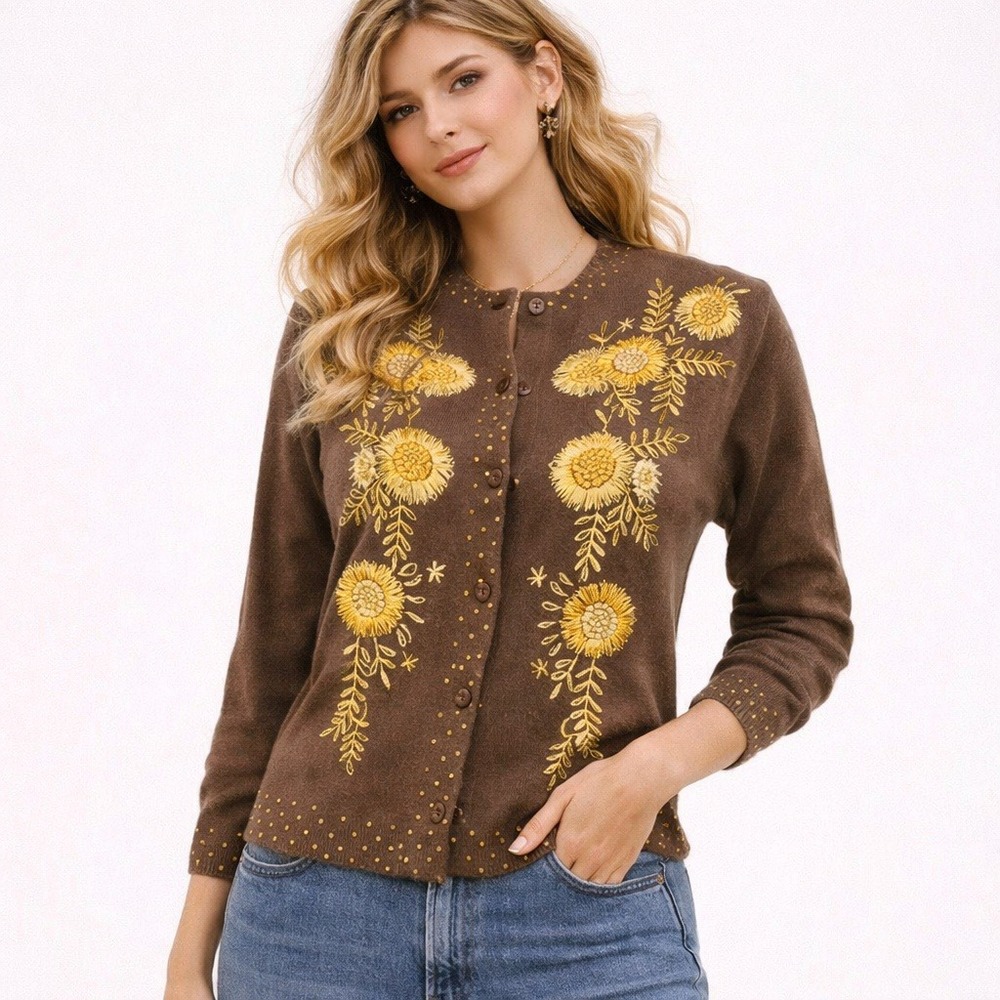 Vintage Women's Sweater Brown Cardigan Yellow Embroidered Flowers Floralโ Small